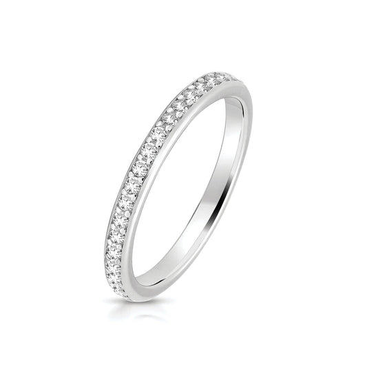 J R Jewellery sterling silver half eternity ring with sparkling clear stones on a polished band