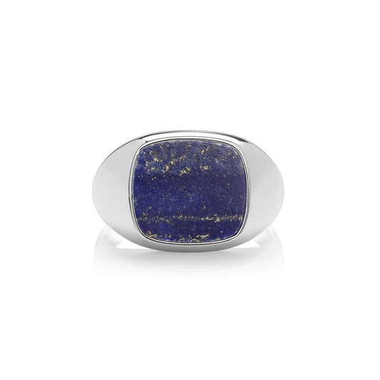 Sterling silver lapis signet ring with square blue lapis lazuli stone inset by J R Jewellery