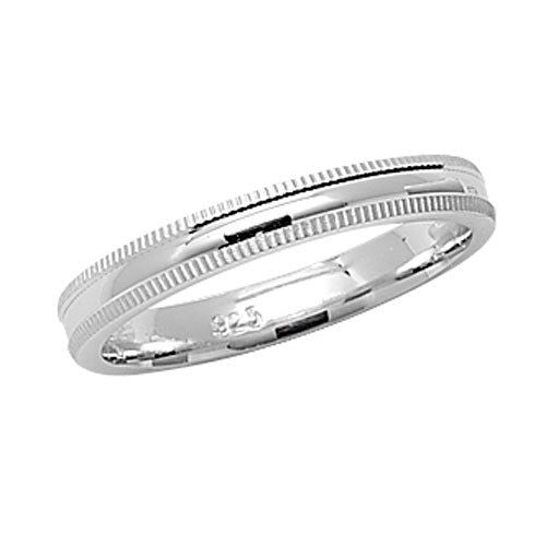 Sterling silver millgrain wedding band with detailed edge design by J R Jewellery