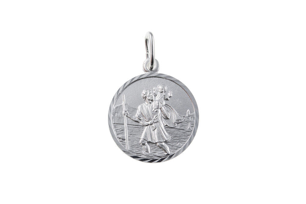 Sterling Silver Saint Christopher Pendant featuring detailed engraving of Saint Christopher carrying a child
