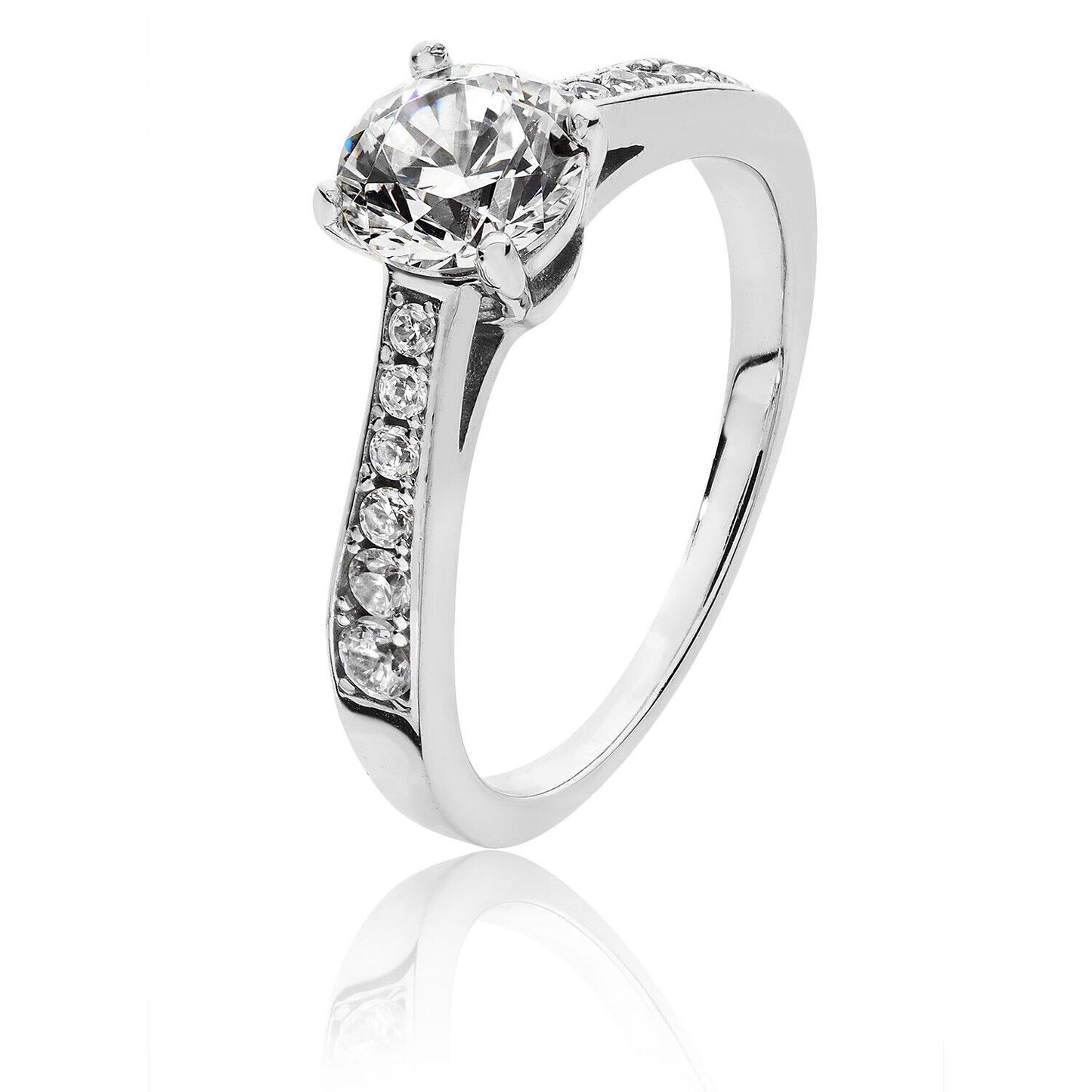 J R Jewellery sterling silver solitaire ring with a large central stone and smaller diamonds on the band