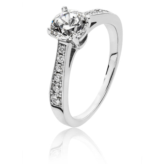 J R Jewellery sterling silver solitaire ring with a large central stone and smaller stones on the band