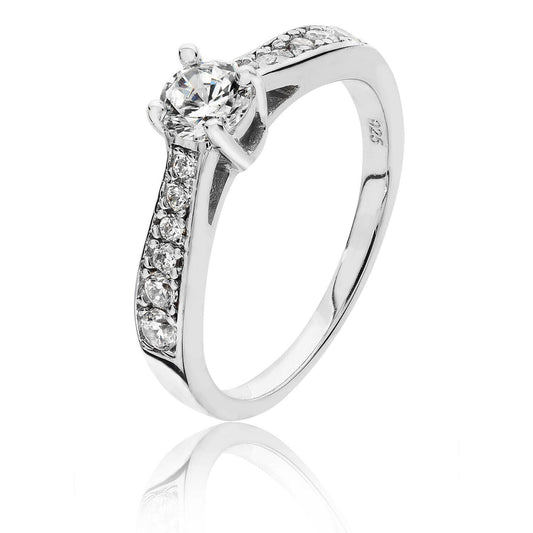 J R Jewellery sterling silver solitaire ring with central round diamond and side stones