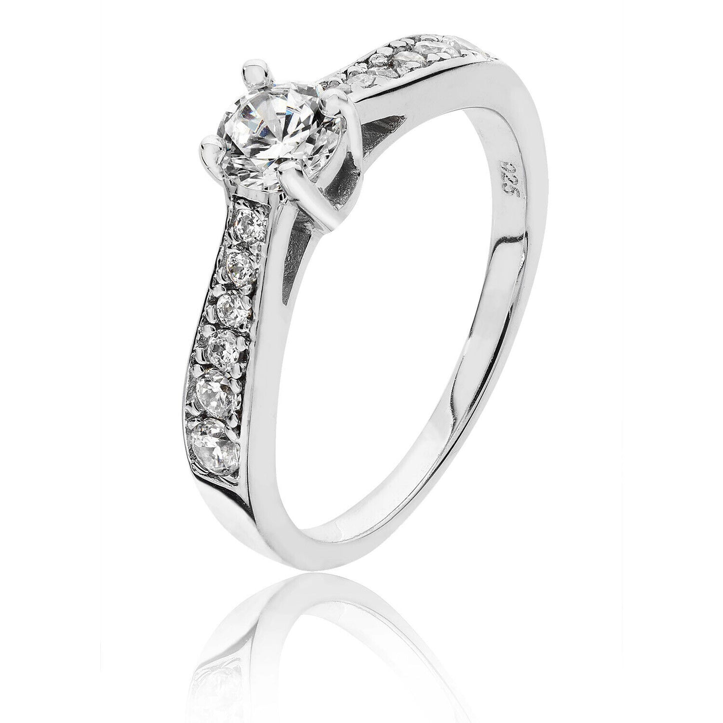 J R Jewellery sterling silver solitaire ring with a central round gemstone and side stones