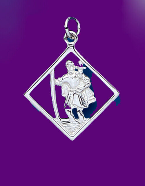 Sterling silver St Christopher pendant in a diamond-shaped design depicting the saint with a child