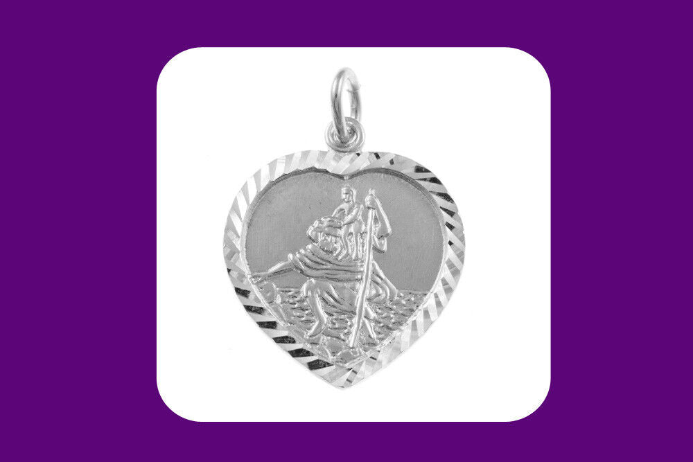 J R Jewellery sterling silver St Christopher pendant in heart shape with detailed imagery
