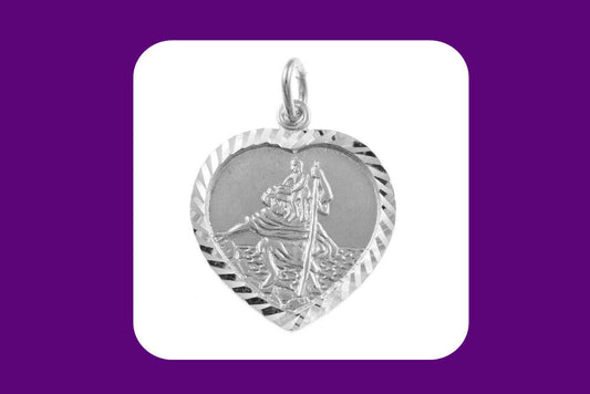 J R Jewellery sterling silver St Christopher pendant in heart shape with detailed imagery