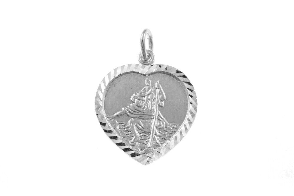 J R Jewellery sterling silver St Christopher pendant in a heart shape with detailed engraving