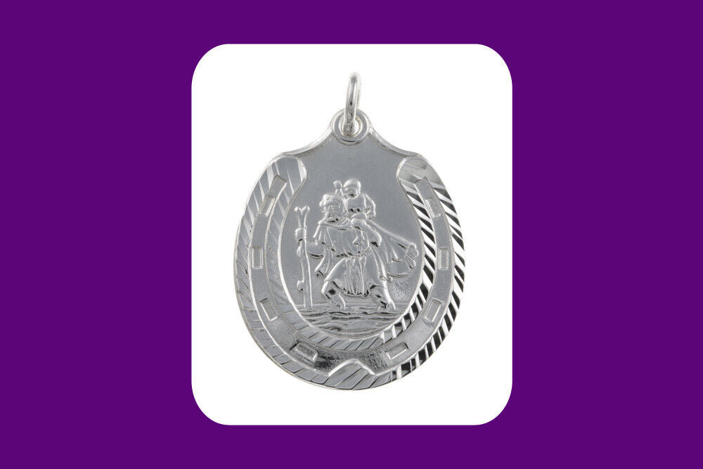 J R Jewellery silver St Christopher pendant engraved saint carrying child with detailed scalloped edge