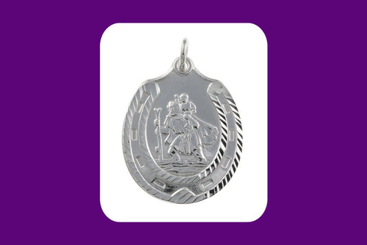 J R Jewellery silver St Christopher pendant engraved saint carrying child with detailed scalloped edge