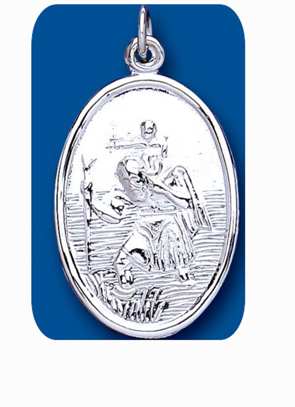 Sterling silver St Christopher pendant featuring detailed engraving and an oval shape