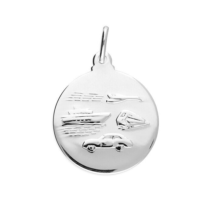 J R Jewellery sterling silver St Christopher pendant with intricate nautical and vehicle engravings