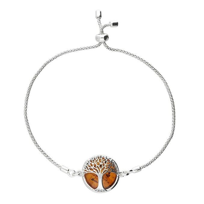 J R Jewellery sterling silver tree of life bracelet with adjustable chain and amber stone detail