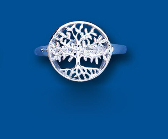 J R Jewellery sterling silver tree of life ring with intricate openwork design on blue background