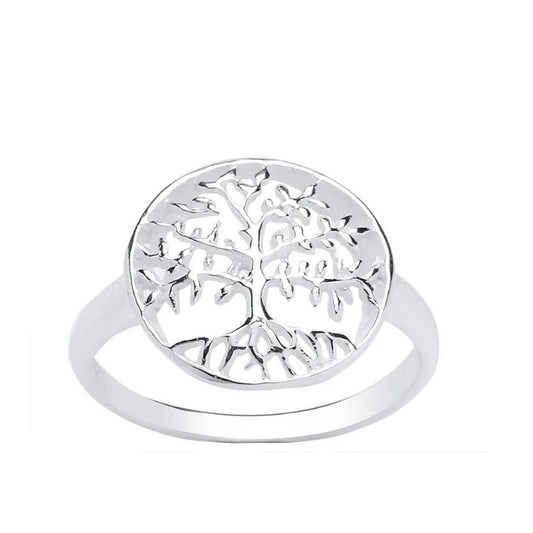 J R Jewellery sterling silver tree of life ring with detailed openwork design on a polished band