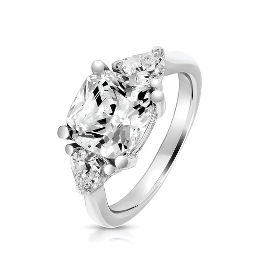 J R Jewellery sterling silver trilogy ring with central cushion cut stone and two triangular side stones