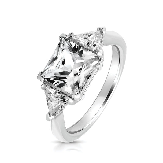 J R Jewellery sterling silver trilogy ring with a large central square-cut stone and two triangular side stones