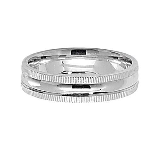 J R Jewellery sterling silver wedding band with polished finish and detailed edge design