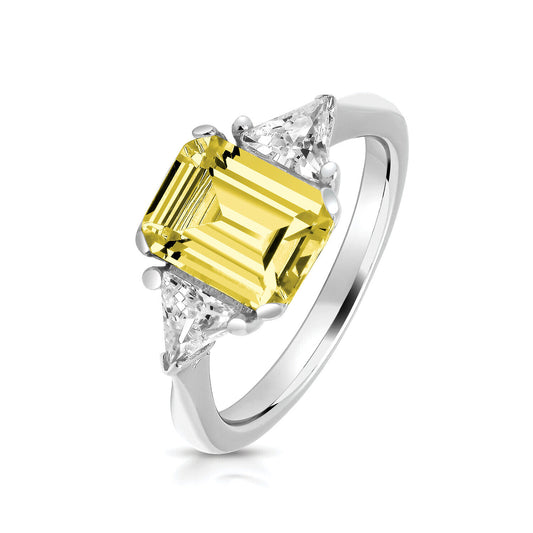 J R Jewellery sterling silver yellow emerald cut ring with two white triangular side stones