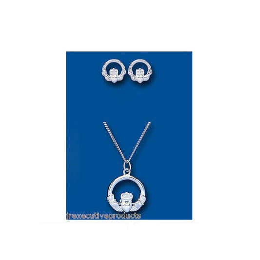Solid Silver Claddagh Set Pendant and Stud Earrings 925 Hallmark