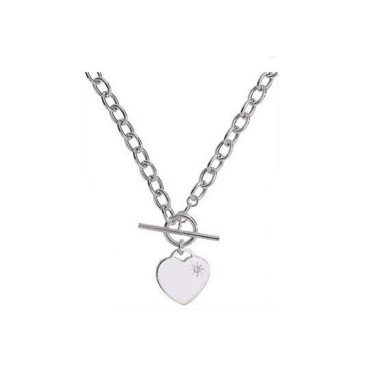 Ladies Solid Sterling Silver T-Bar Heart Gemstone Necklet Full Hallmark 17" 43cm