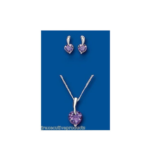 Amethyst Heart Pendant and Earrings Set Solid Silver