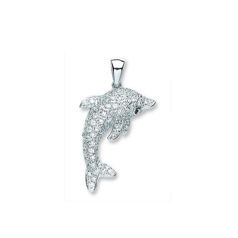 Sterling Silver Dolphin Pendant Sparkling Gemstone 18" Chain British Made