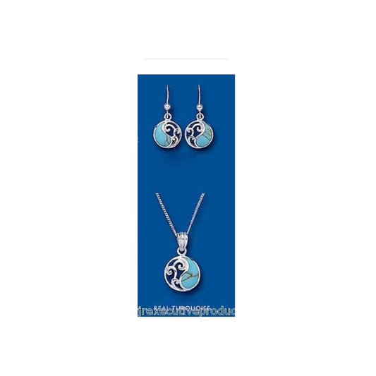 Turquoise Pendant and Earrings Set Solid Silver Filigree Design