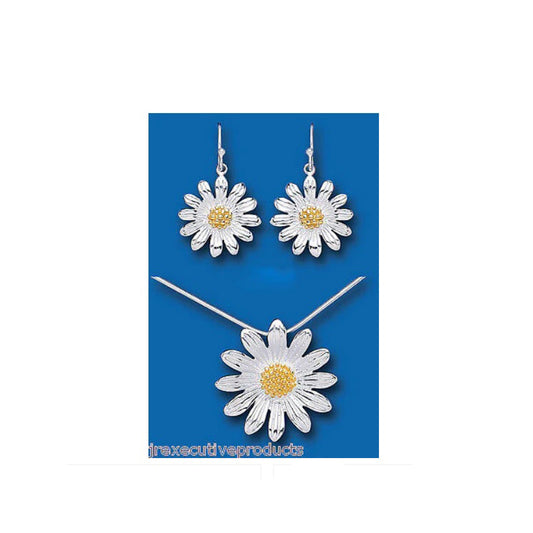 Sunflower Set Solid Sterling Silver Pendant and Drop Earrings Gold Detail