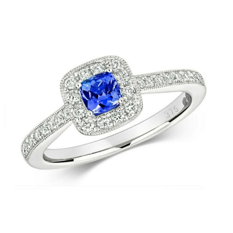 Real Tanzanite and Diamond Ring 9ct White Gold Cushion Cluster Size J - Q