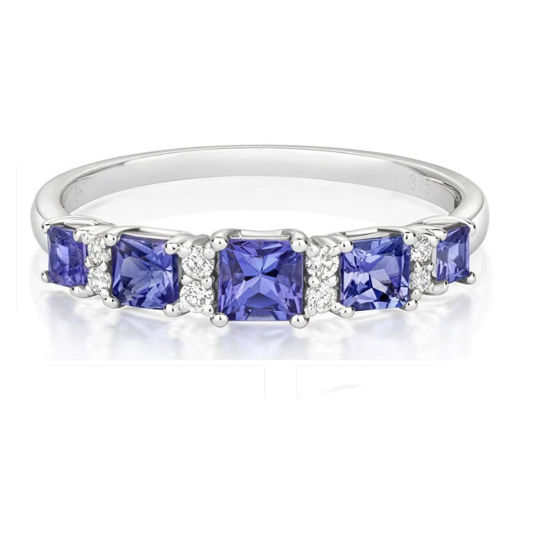 Real Tanzanite and Diamond Eternity Ring Solid White Gold Princess Cut Gems Band