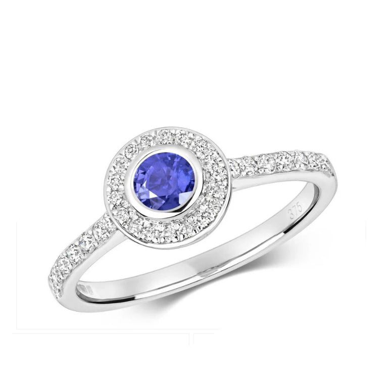 Real Tanzanite and Diamond Ring 9ct White Gold Round Cluster Size J - Q
