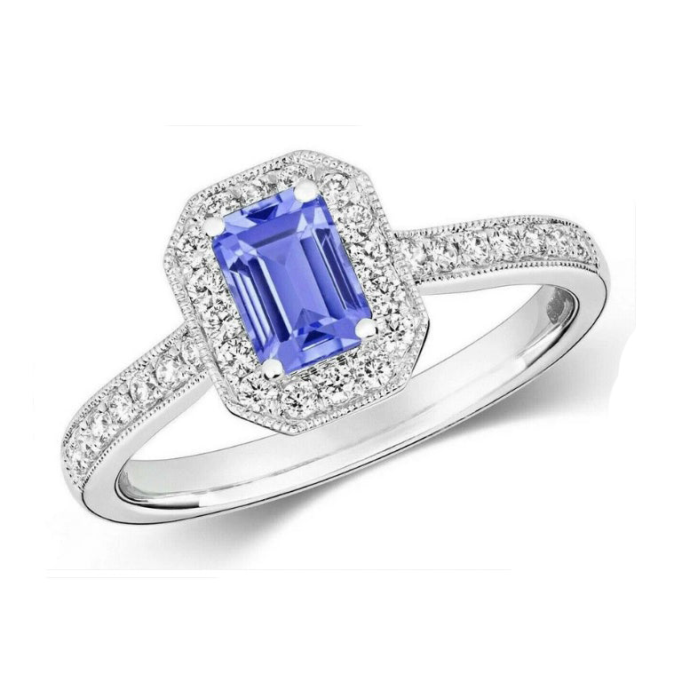 Real Tanzanite and Diamond Ring 9ct White Gold Emerald Cut Cluster Size J - Q