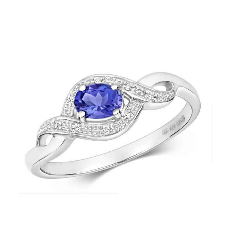 Real Tanzanite and Diamond Ring Solid White Gold Oval Twist Size J - Q