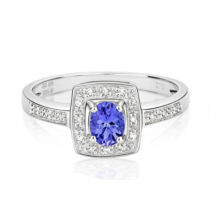 Real Tanzanite and Diamond Ring Solid Yellow Gold Square Cushion Size J-Q