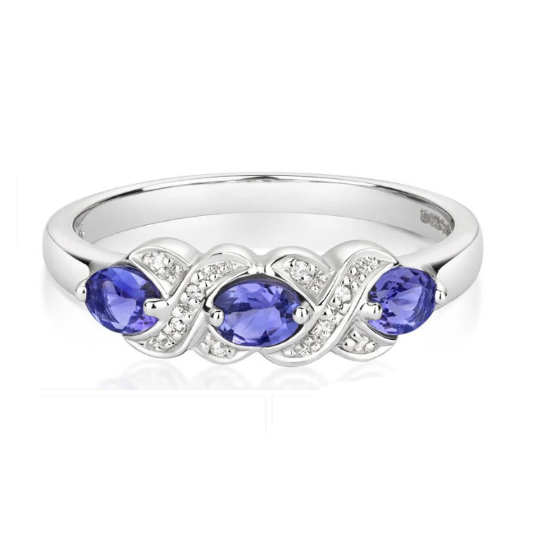 9ct White Gold Tanzanite and Diamond Ring Oval Three Stone Kiss Size J - Q