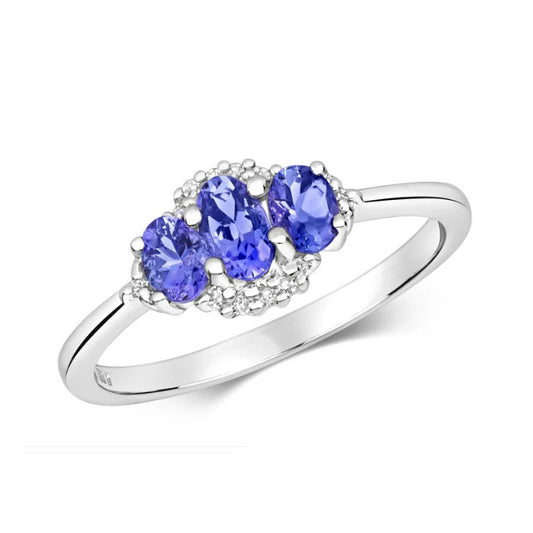 Real Tanzanite and Diamond Ring Solid White Gold Oval Three Stone Size J - Q