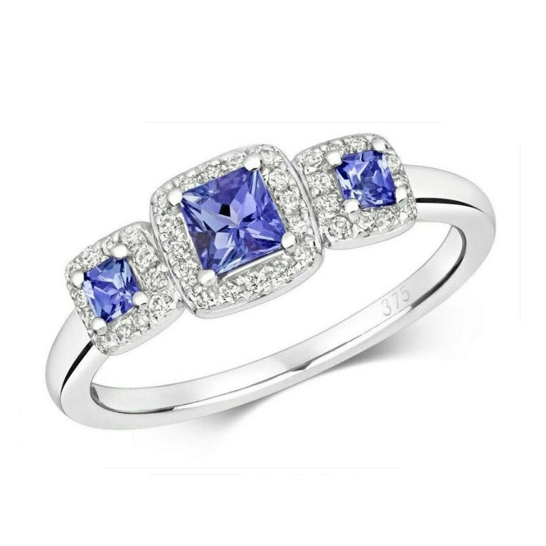 Real Tanzanite and Diamond Ring 9ct White Gold Three Stone Cluster Size J - Q