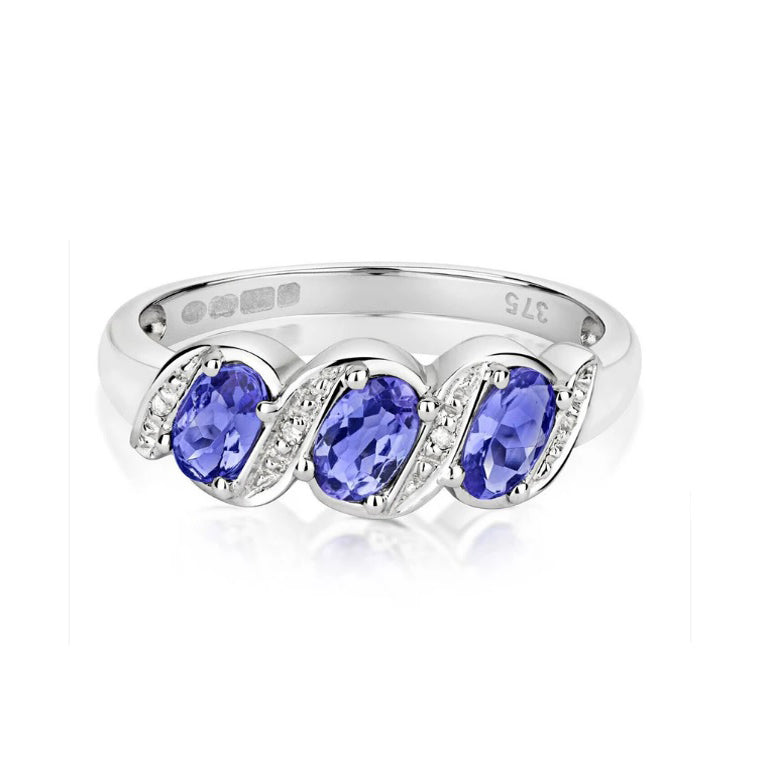 Real Tanzanite and Diamond Trilogy Ring Solid White Gold Three Stone Size J - Q