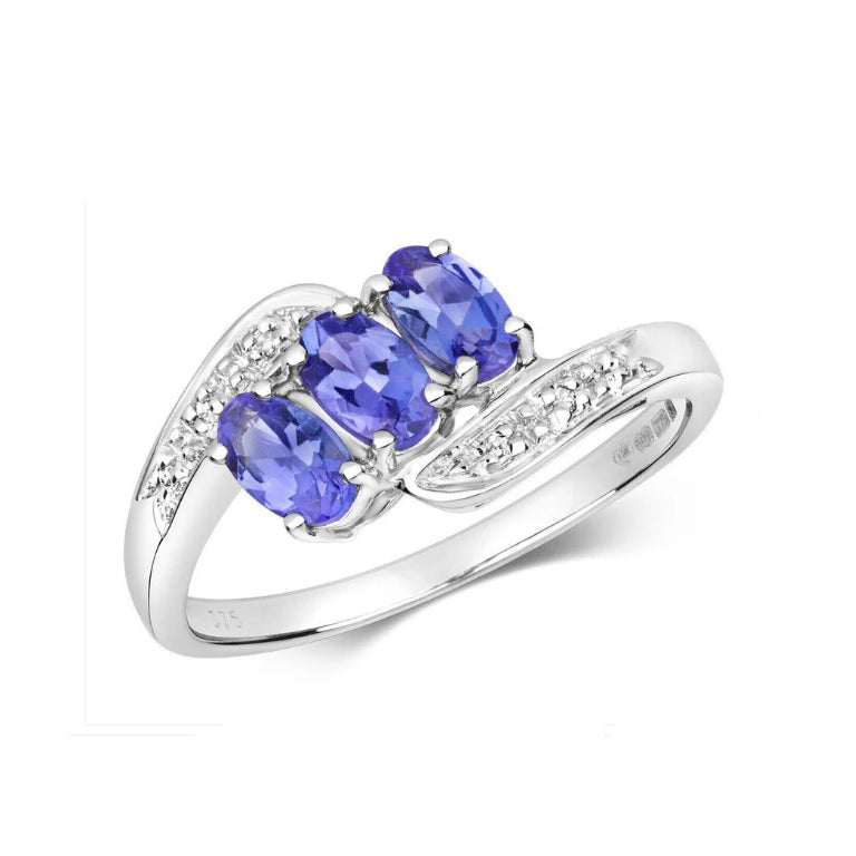 Real Tanzanite and Diamond Ring Solid White Gold Three Stone Size J - Q