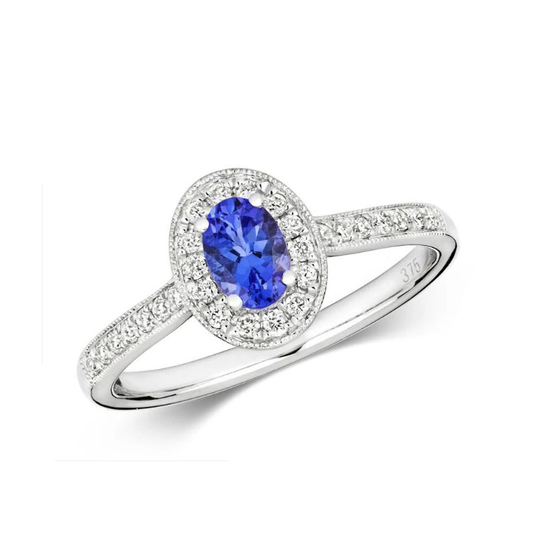 Real Tanzanite and Diamond Ring 9ct White Gold Oval Halo Cluster Size J - Q