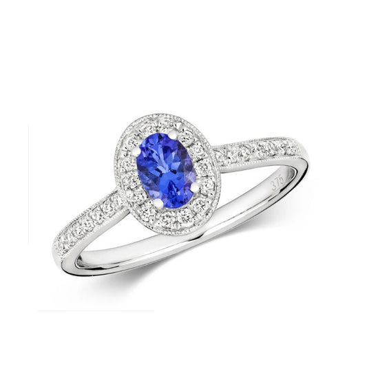 Real Tanzanite and Diamond Ring 9ct White Gold Oval Halo Cluster Size J - Q