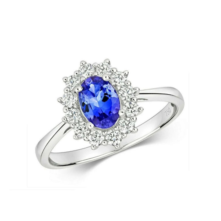 Real Tanzanite and Diamond Ring 18ct White Gold Oval Cluster Engagement