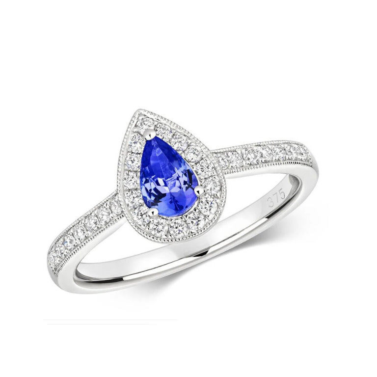 Real Tanzanite and Diamond Ring 9ct White Gold Pear Teardrop Cluster Size J - Q