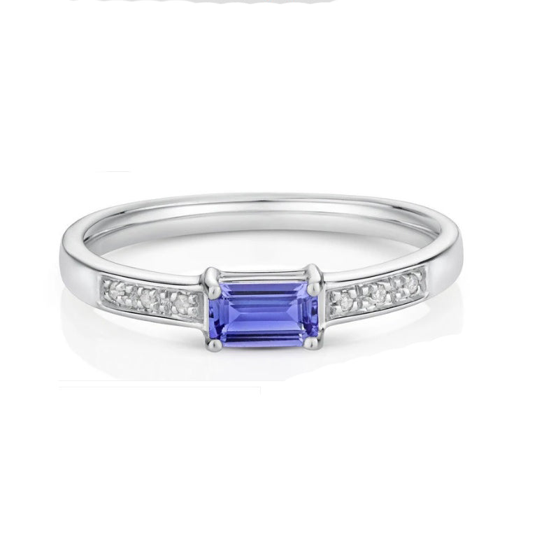 Real Tanzanite and Diamond Ring Emerald Cut Solitaire 9ct White Gold Size J - Q