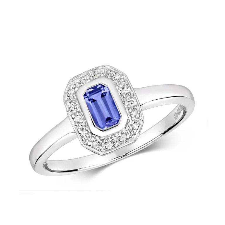 Real Tanzanite and Diamond Ring Solid White Gold Emerald Cut Cluster Size J - Q