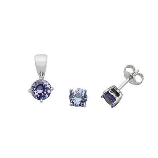 Tanzanite Pendant and Earrings Set Classic Solitaire 9ct White Gold Hallmarked