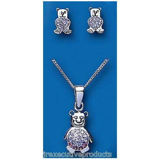 Teddy Bear Pendant and Earrings Set Solid Sterling Silver Children's Jewellery