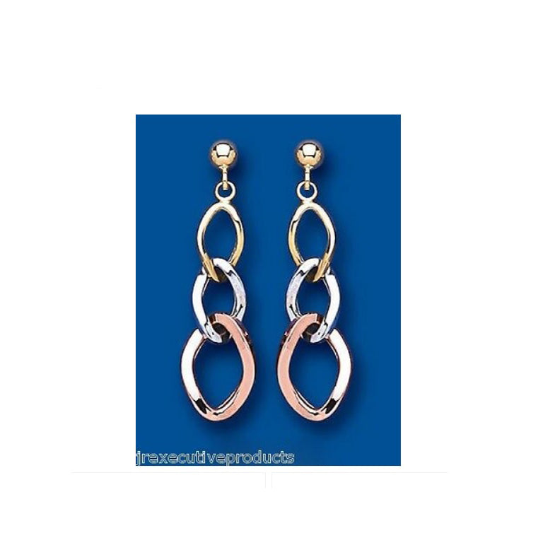 Three Colour Gold Drop Earrings 9ct Yellow White Rose Gold Hallmark Drops Dangly