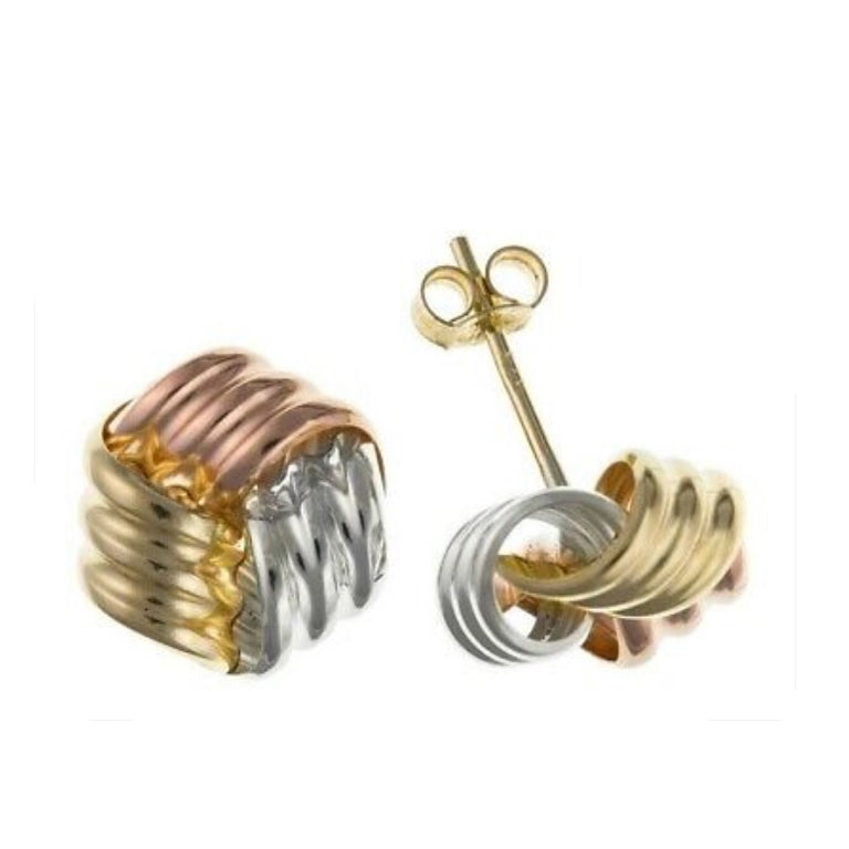 9ct Three Colour Knot Stud Earrings Solid Yellow Rose White Gold 7mm Studs